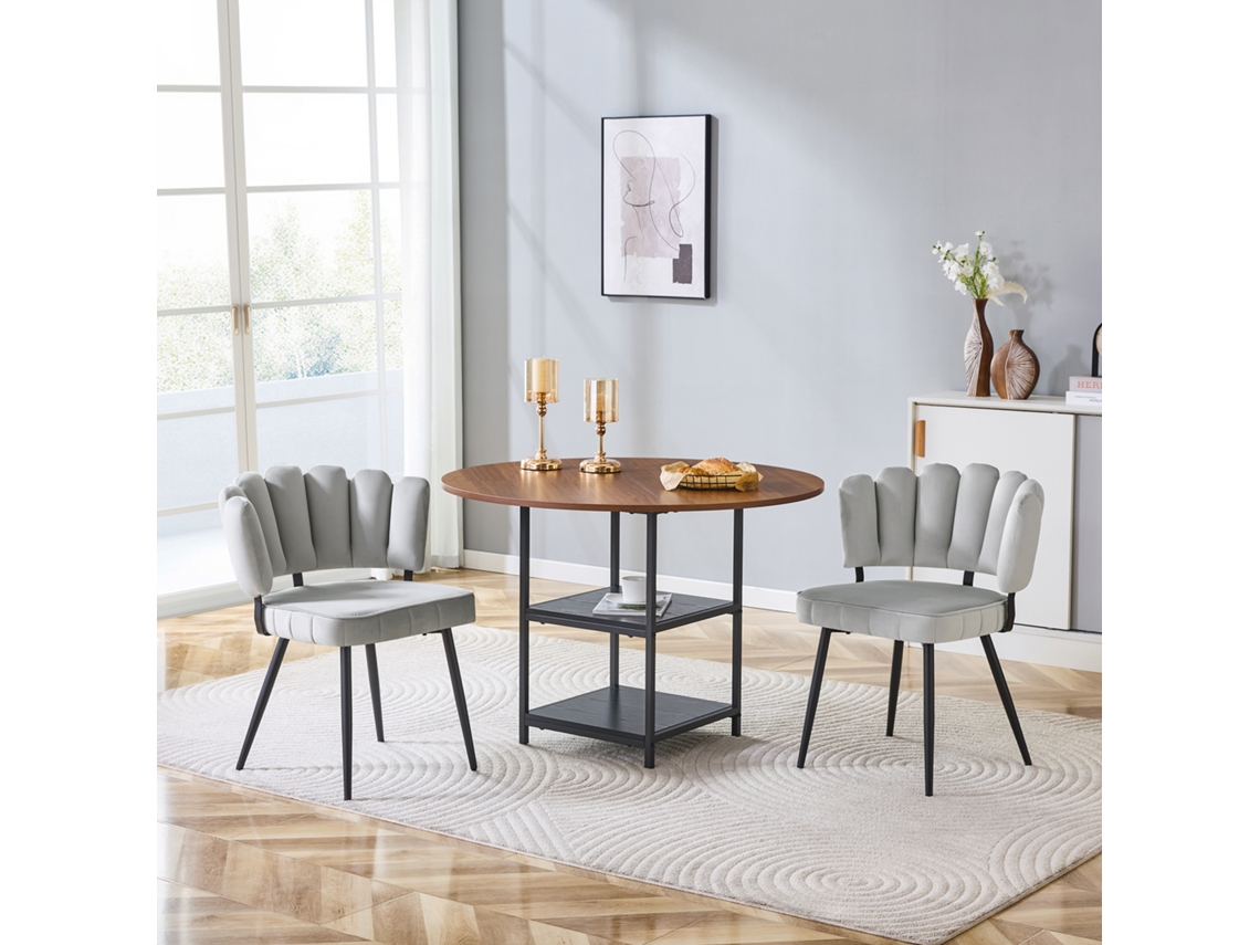 Juego De Mesa De Comedor De Nogal (107 Cm, 2 Niveles) Con 2 Sillas De Color Gris Claro Con Estampado Floral.