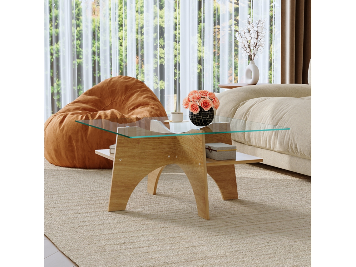 Mesa Auxiliar Cuadrada 80 Cm – Vidrio Templado, Patas Mdf Efecto Madera Clara – Transparente Y Madera