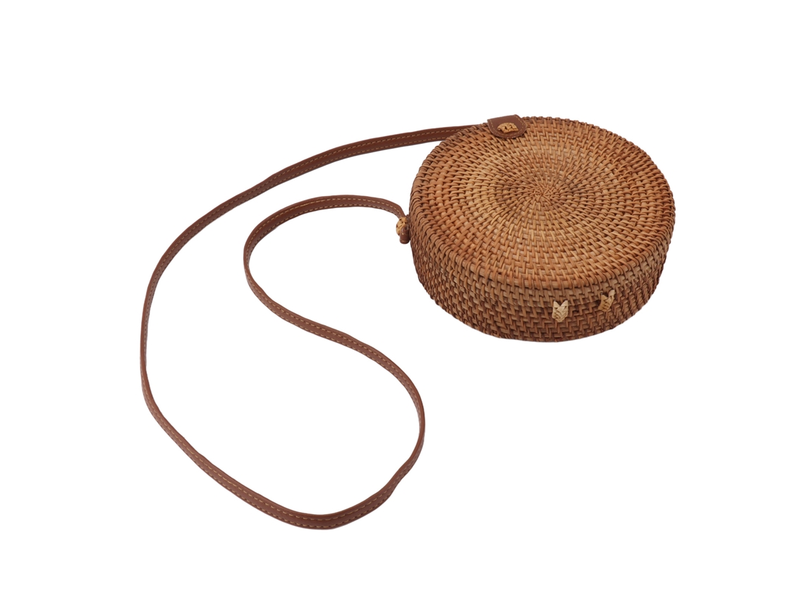 Bolso Redondo Tejido A Mano Routin, Estilo Playero, Con Correa De Cuero, 20 Cm.