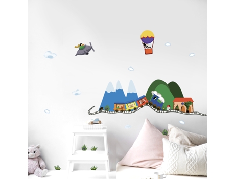 Adhesivo Decorativo PLAGE Ilustración de Pequeño Tren Manchú, Avión y Globo Aerostático con Animales de Granja 68 cm X 24 cm