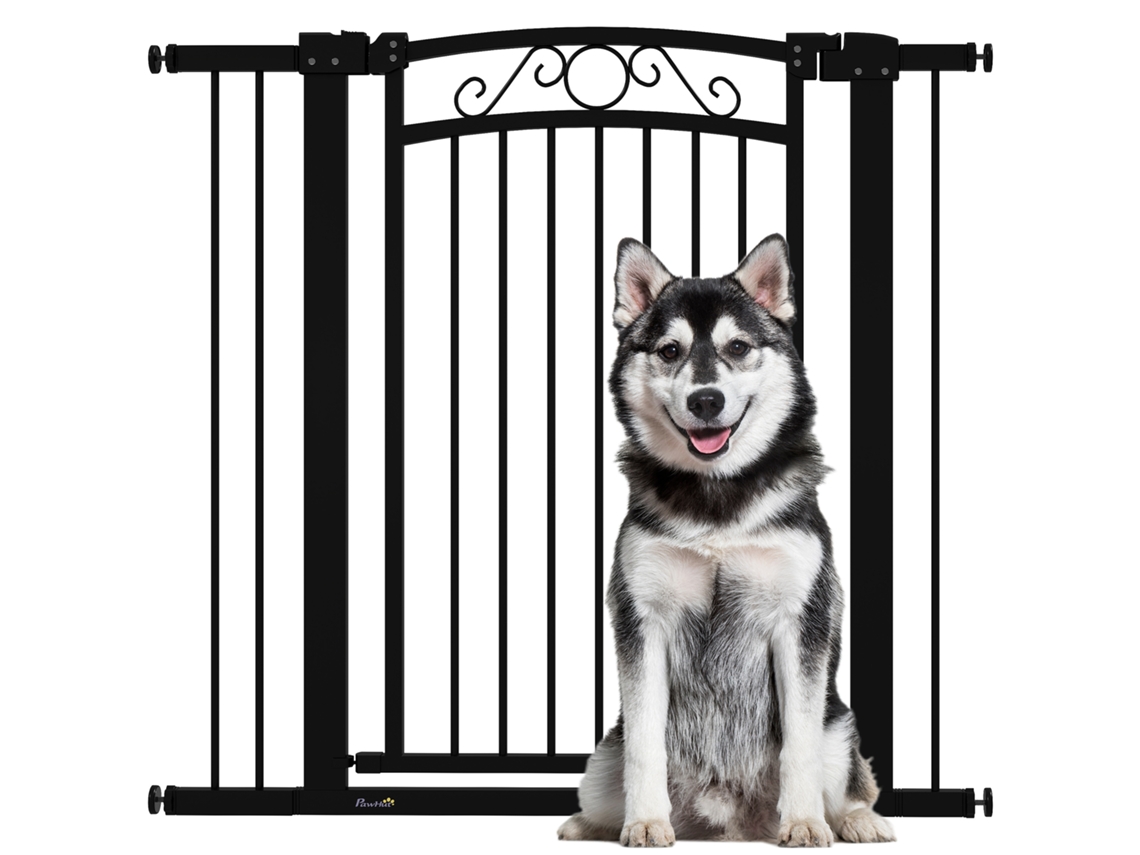 Barrera de seguridad extensible para perros de 76 x 104 cm con 2 extensiones y doble cierre, color negro.