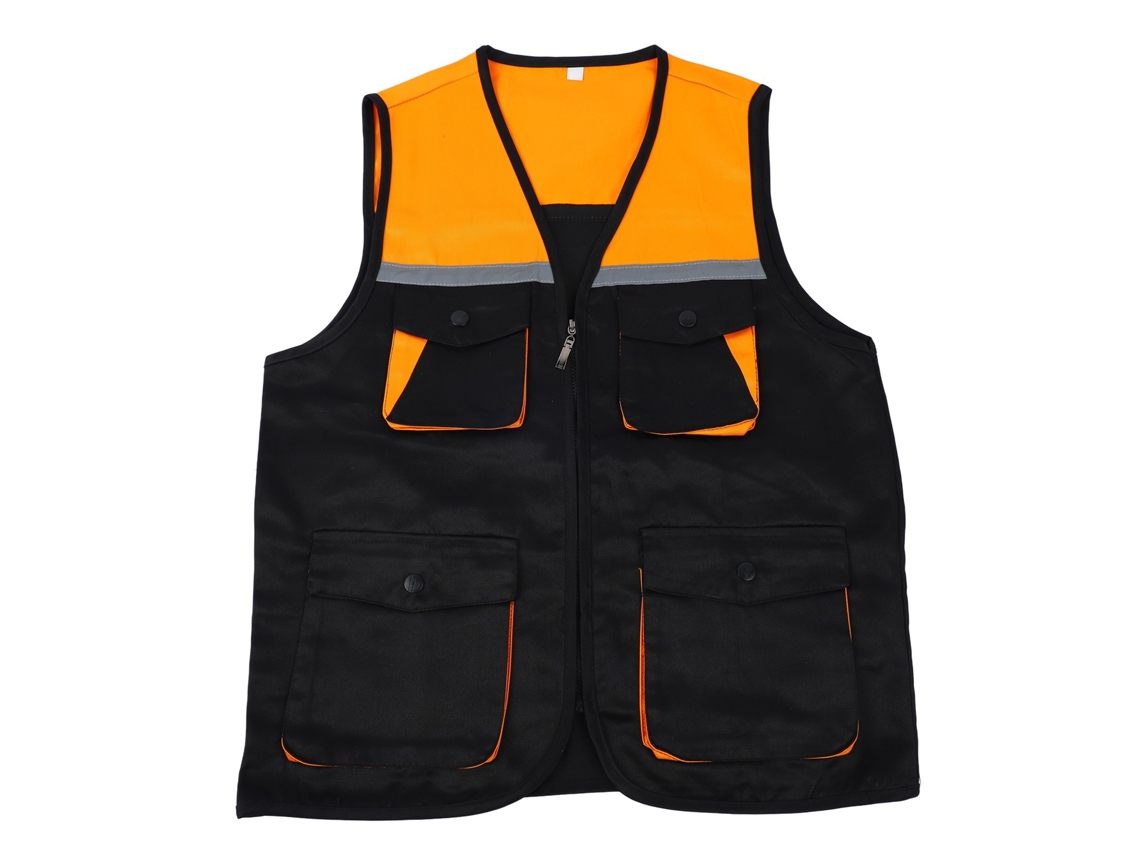 Chaleco Reflectante De Trabajo Con 4 Bolsillos, Cremallera Frontal, Franjas Reflectantes, Alta Visibilidad, Negro Con Amarillo, Xxl