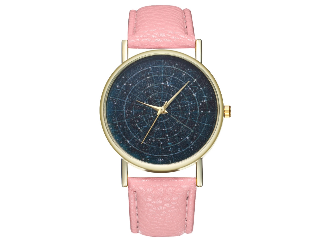 Reloj De Cuarzo Para Hombre Con Correa De Cuero Y Esfera Rosa Con Diseño De Cielo Estrellado.