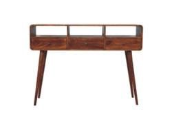 Consola de triple curvatura en madera maciza marrón, 3 cajones y 3 compartimentos abiertos, muebles artesanales marrón oscuro