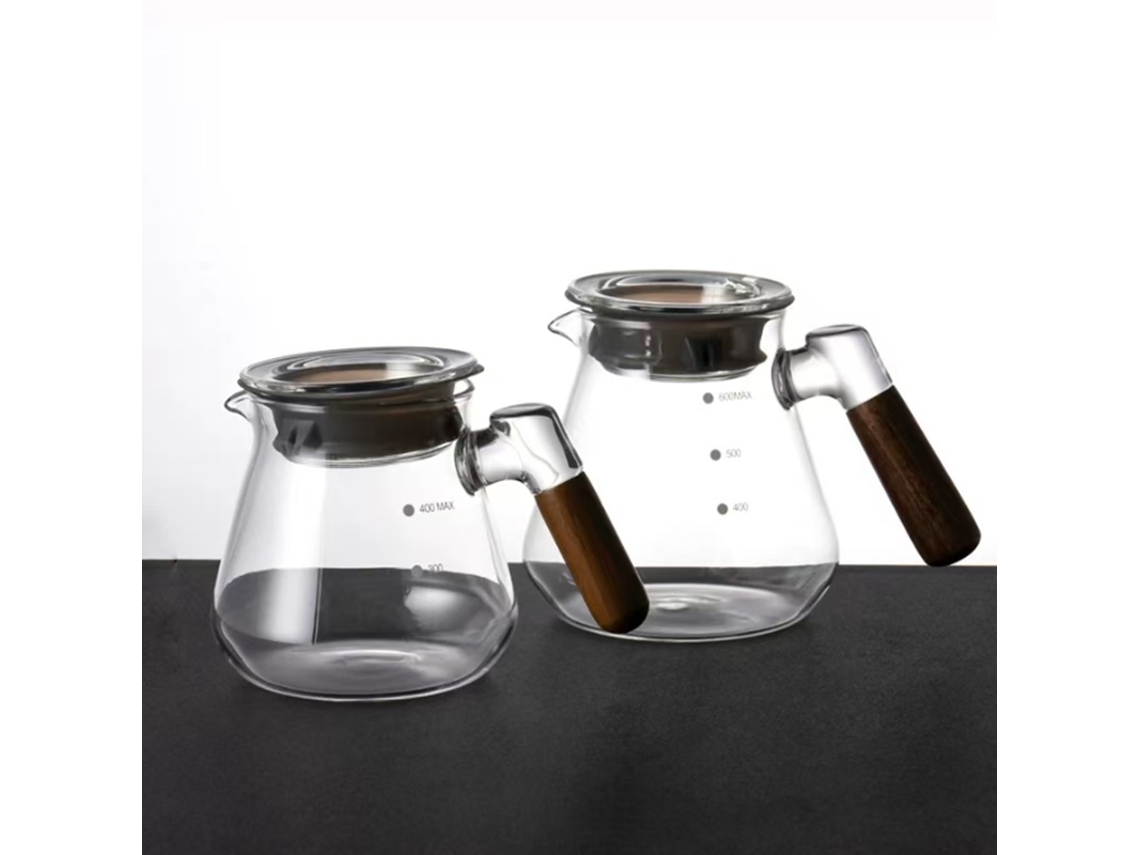 Cafetera de vidrio de borosilicato de alta calidad 2025 con mango de madera, resistente al calor y con tapa, para uso doméstico.
