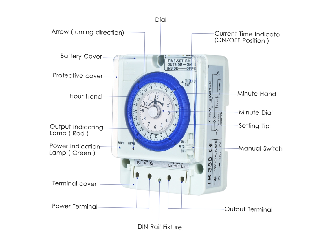 Temporizador mecánico de 24 horas con batería, intervalos de 15 minutos, 100V-240V, 15A, para montaje en riel DIN para lámparas LED CFL.