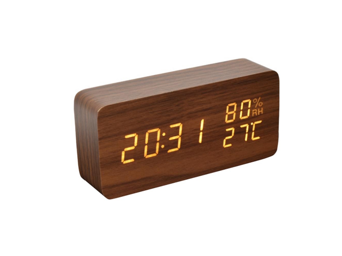 Relógio De Alarme Digital De Madeira Led Com Brilho Ajustável Controle De Voz Data Temperatura Umidade