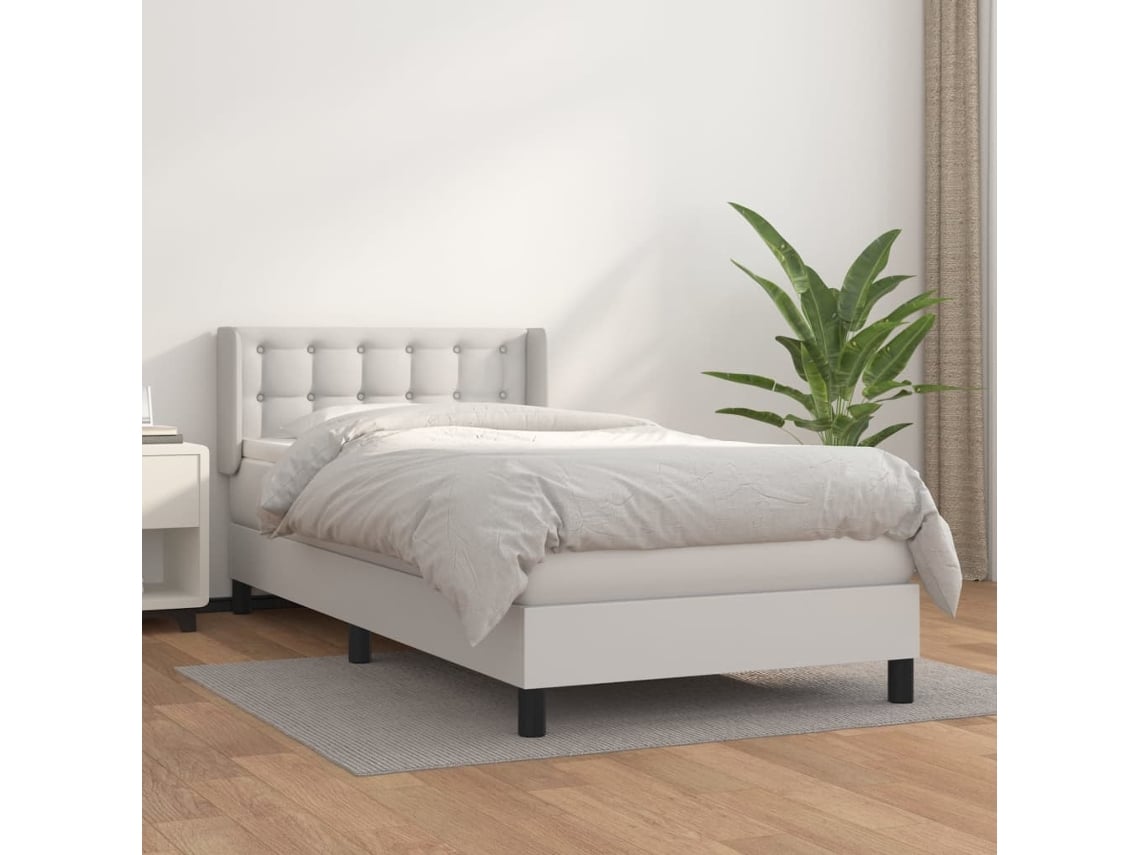 Cama Box Spring Con Colchón Cuero Sintético Blanco 90x190 Cm