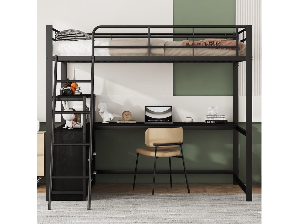 Cama Alta 140x200cm - Escritorio Esquinero Con Cajones - En Mdf Y Metal - Negro