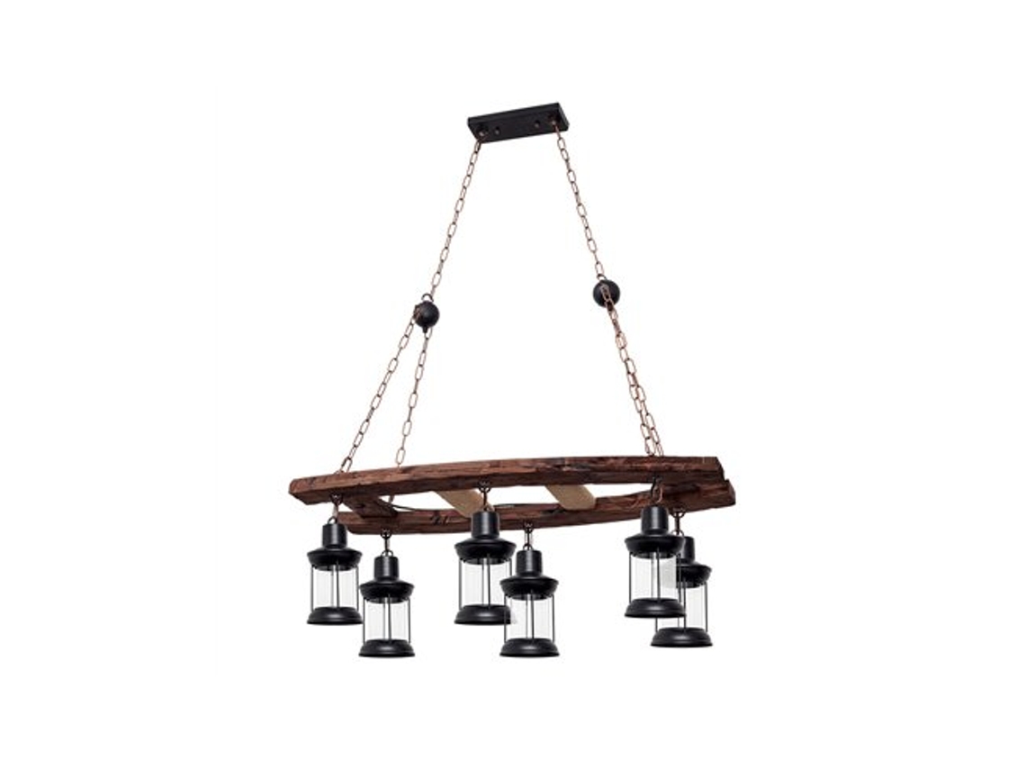 Lámpara Colgante Rustico Finca De Seis Luces 6xe27 Ip20 60-90x78x40cm Color Negro Y Madera