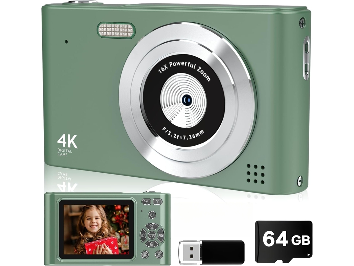 Mini Cámara Compacta Uhd 4k Cámara Digital Auto Enfoque 16x Zoom 64g Verde Veanxin