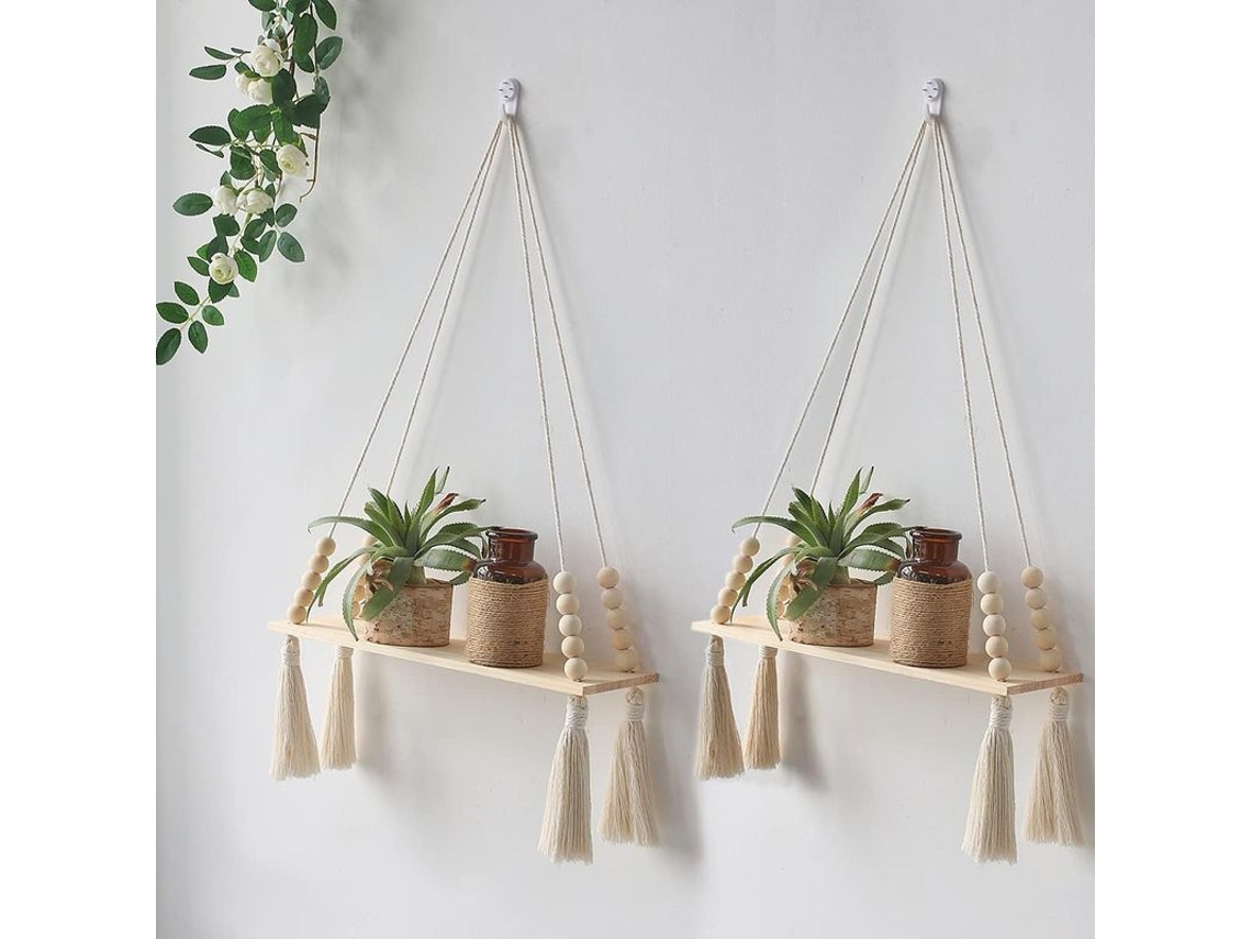 2 Estantes De Pared De Madera Con Macramé - Estantes Para Plantas Estilo Boho Con Borla, Para Colgar A Mano