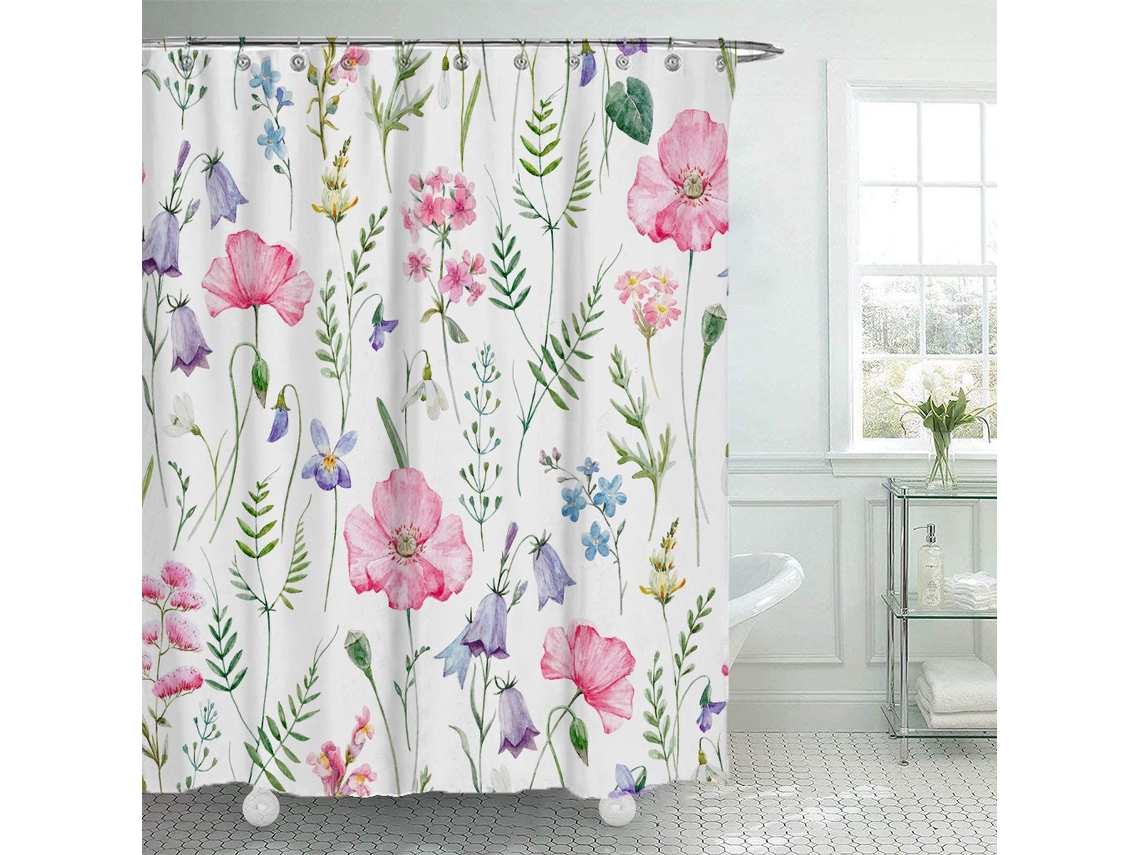 Cortina de ducha con estampado de acuarela tropical de 90 x 180 cm con flores, plantas y hojas, resistente al moho, poliéster impermeable, MDUG