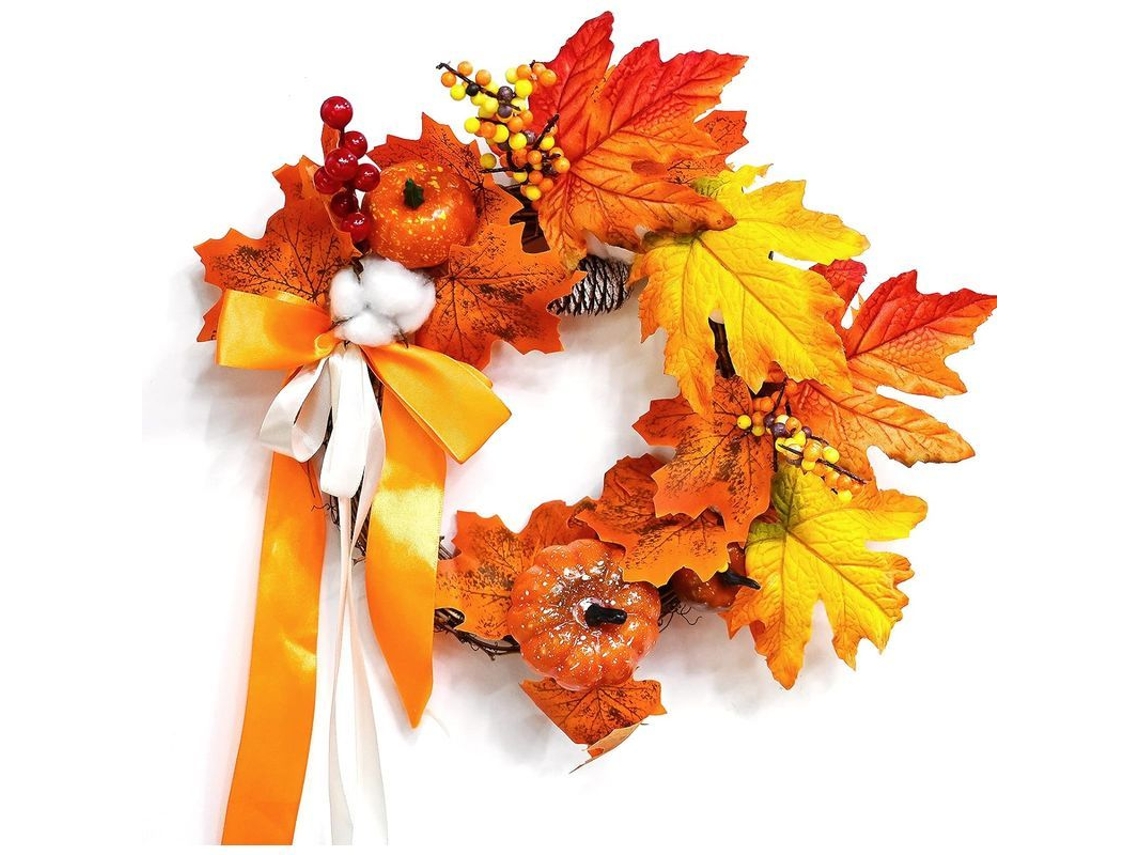 Corona Artificial De Otoño De 35 Cm Con Hojas De Arce Y Calabaza Para Puerta O Pared, Ideal Para Halloween Y Acción De Gracias.