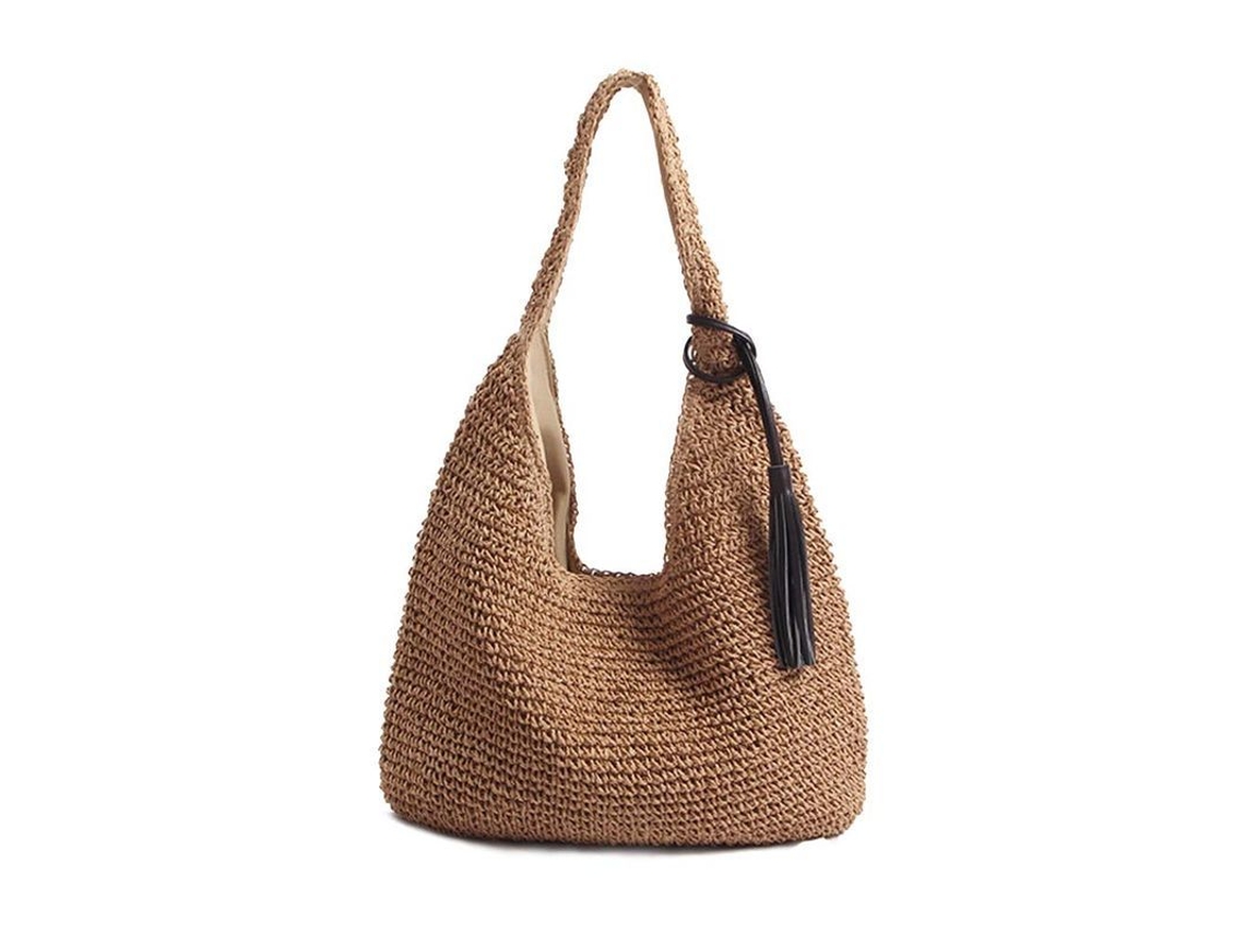 2026-bolso De Paja Grande Suave Tejido A Mano Con Borlas Negras Bohemio Mango De Paja Tote Verano Retro