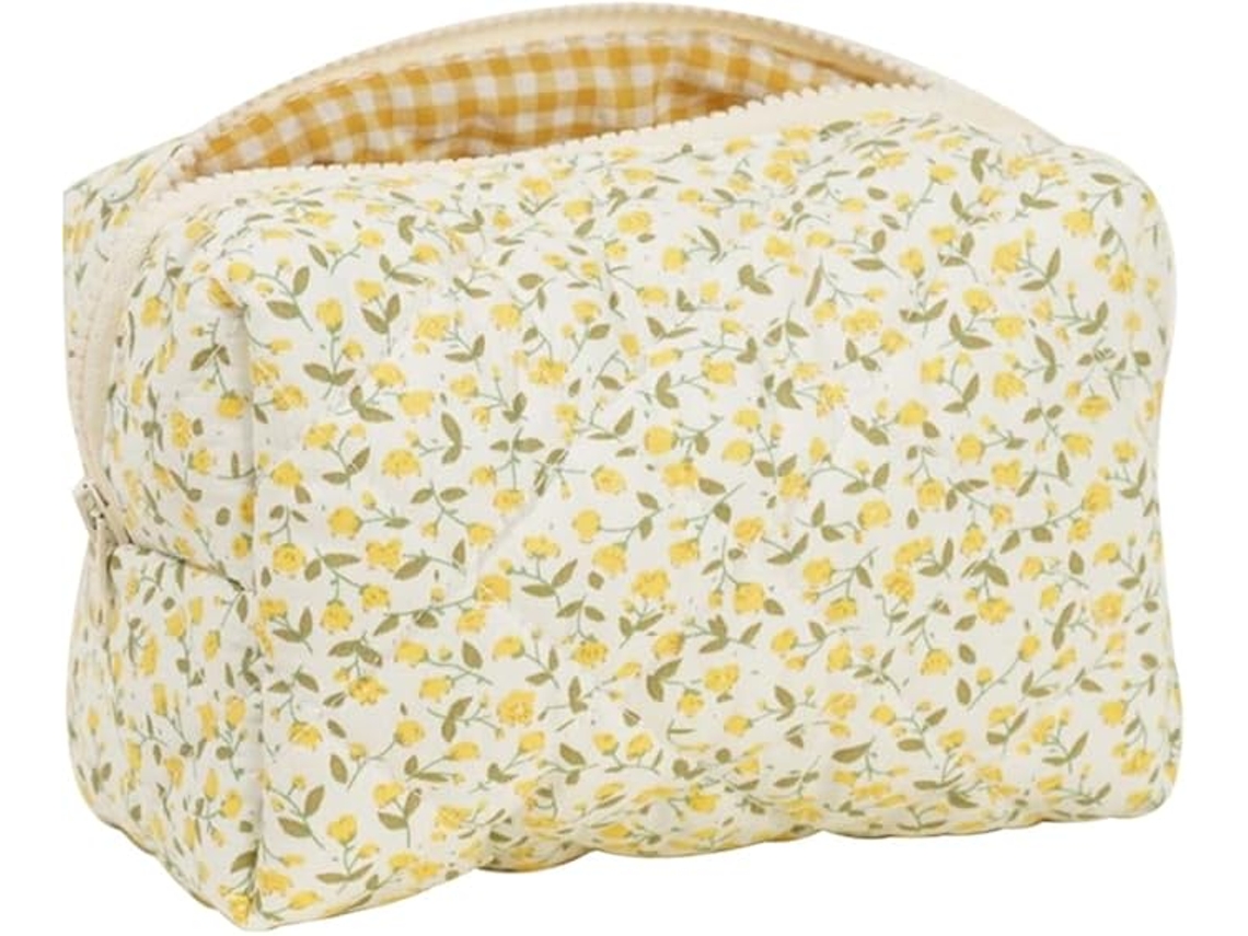 Neceser Acolchado - Tejido De Algodón Suave - Amplio - Forro A Cuadros - Estampado Floral Amarillo