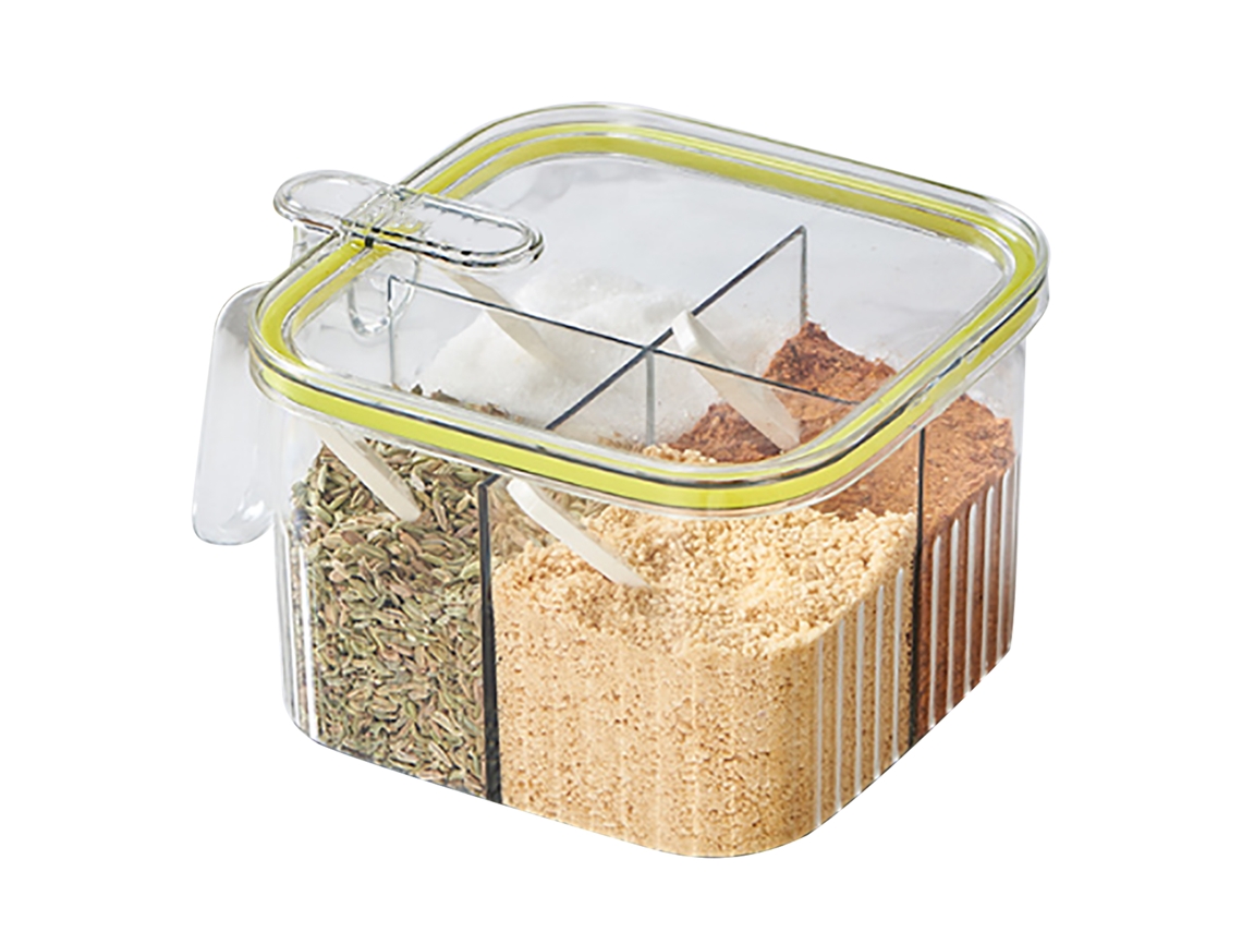 Especiero Con 4 Compartimentos, Transparente Y Verde, Con Tapa Y Cuchara Para Cocina.
