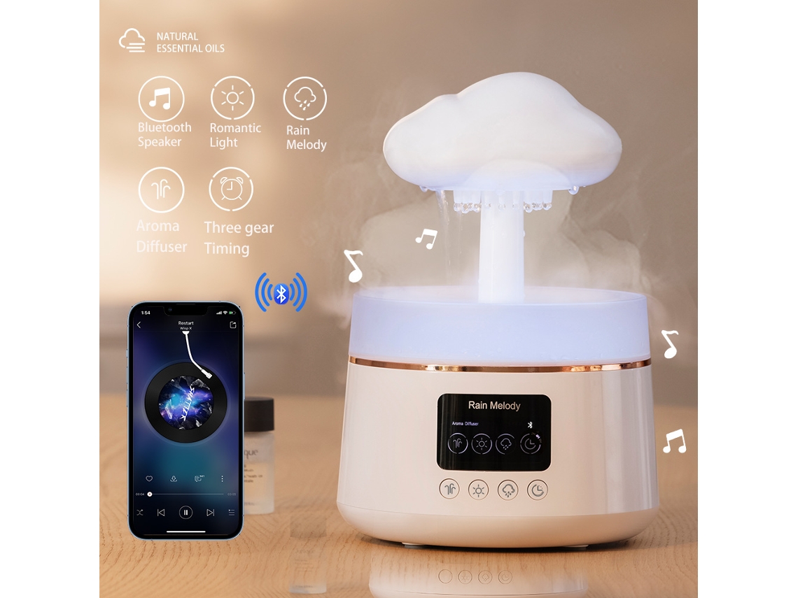 Humidificador MDUG con simulación de nubes, difusor de aroma, luz ambiental y altavoz Bluetooth