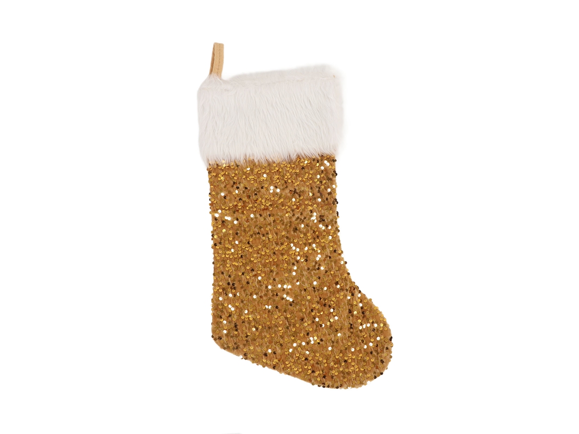 Calcetín navideño decorativo dorado con detalle rellenable para árbol y chimenea.