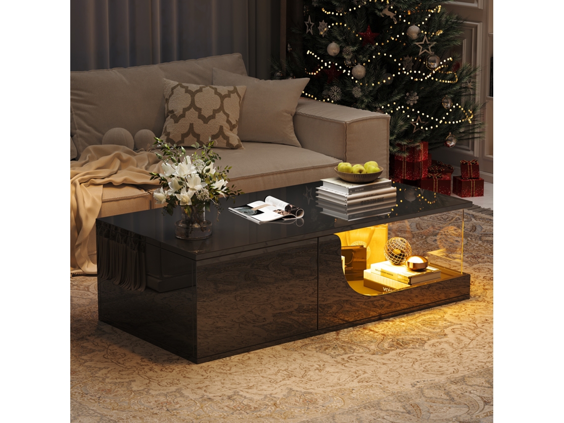 Mesa Centro 100x50x30 Negro Mdf Alto Brillo Led 2 Cajones Vidrio Templado