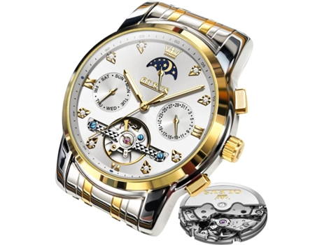 VEANXIN Reloj Tourbillon con Diamantes y Fase Lunar Luminoso Resistente al Agua de Acero Inoxidable Hueco automático para Hombres(esfera blanca)