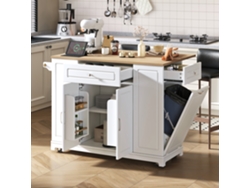 Isla De Cocina Con Ruedas, Cajones Extensibles Y Compartimento Para La Basura, Color Blanco.