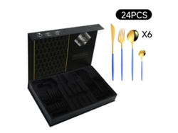 Juego de cubiertos de acero inoxidable de 24 piezas, azul y dorado, elegante caja con tapa abatible grande.
