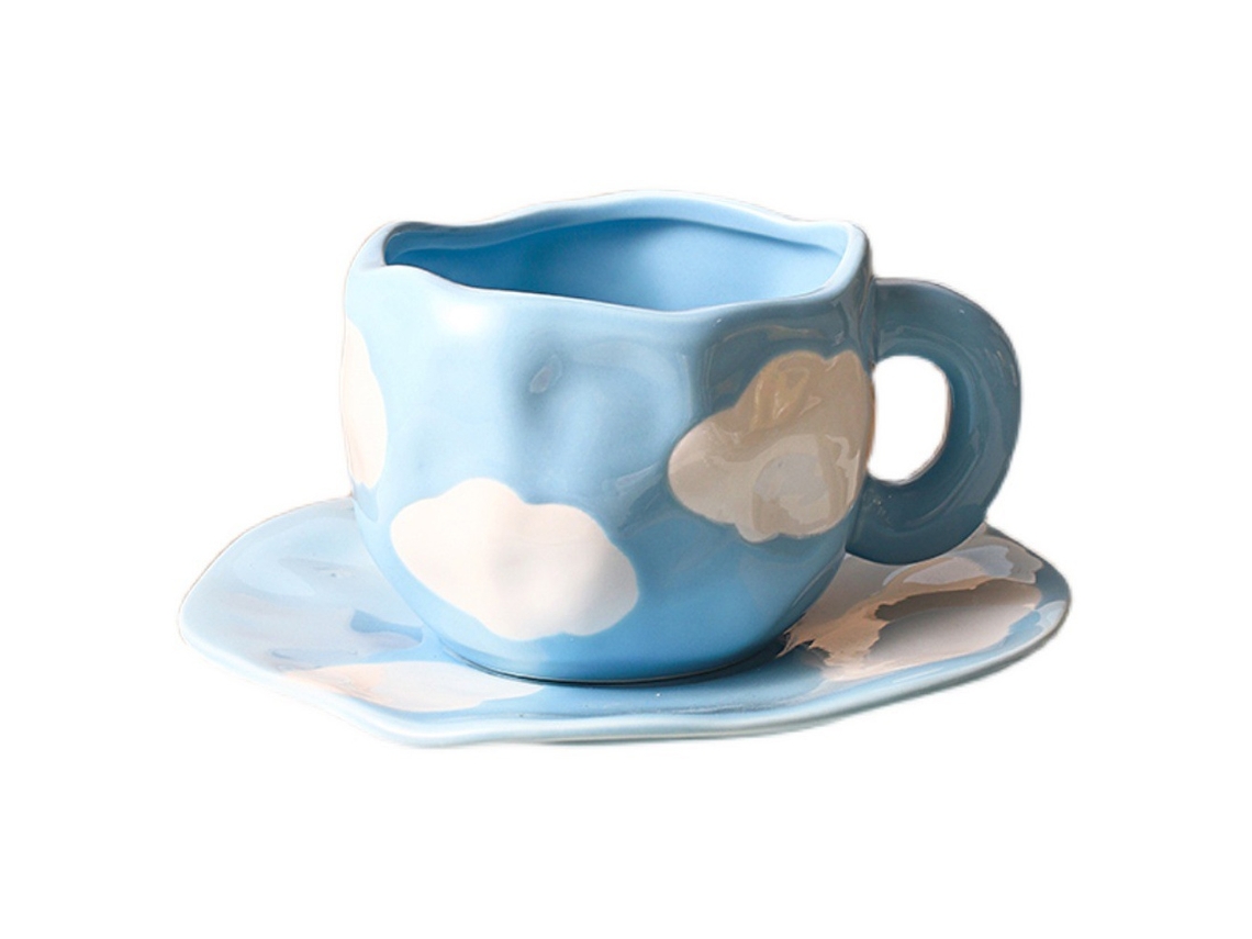 Taza de café estética, pintada a mano, japonesa, forma irregular, 320 ml, cerámica azul cielo, con asa ergonómica, para casa y oficina, lavable.
