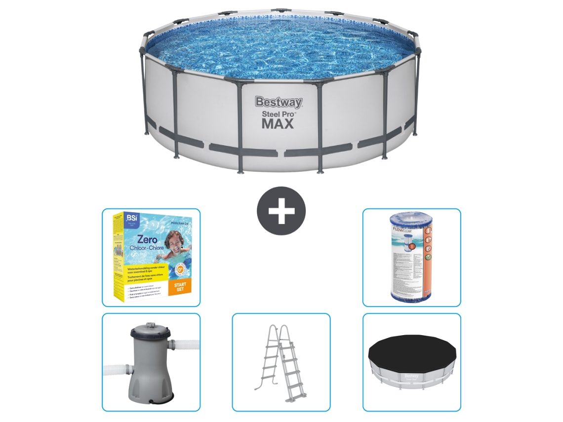 Piscina BESTWAY Round Steel Pro MAX - 396 x 122 cm - Gris - Bomba incluida - Escalera - Cobertor Paquete de mantenimiento - Filtrar