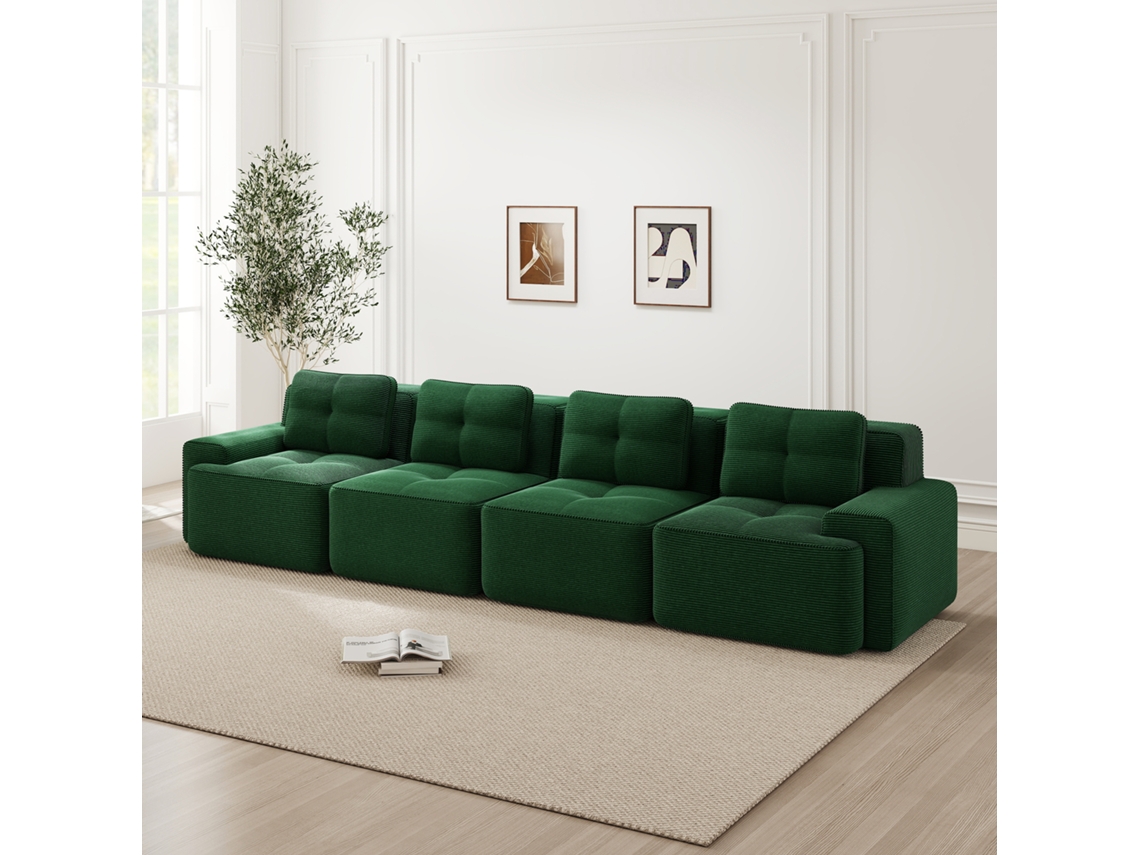 Sofá Modular 4 Plazas De Pana Asiento Profundo Verde