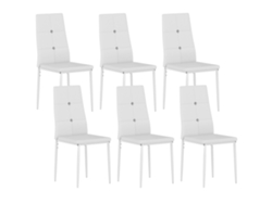 6 Sillas De Comedor Blancas De Poliuretano Con Respaldo Alto Y Tapicería Capitoné, Base De Acero.