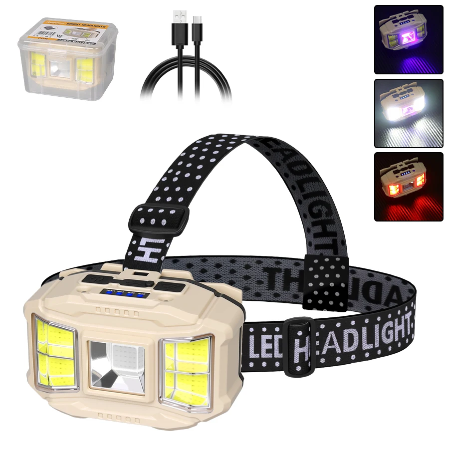 Linterna frontal COB con sensor, potente LED, recargable por USB, impermeable, ideal para camping, pesca y minería. Aeuzwr