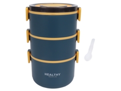 Fiambrera Redonda Bento De 2200 Ml Con Tres Compartimentos Extraíbles, Portátil, Azul.