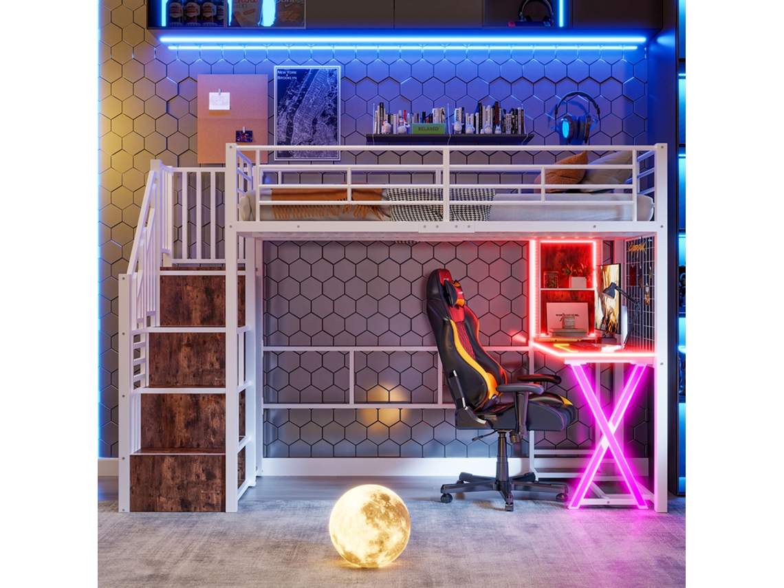 Cama Alta 90x200 Cm Con Led, Escritorio, Armario, Estanterías Y Escalera De Almacenaje, Sin Colchón, Blanco