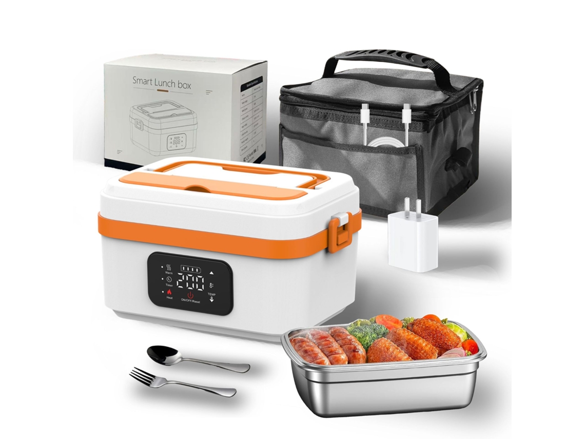 Fiambrera Eléctrica Inalámbrica De 1 L, Recargable Y Calentable Con Temporizador (Blanco Y Naranja) DIGITALLAB