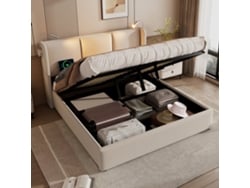 Cama Tapizada 140x200 Cm, Almacenamiento, Cabecero Led Con Usb, Lino, Somier Incluido, Colchón No Incluido.
