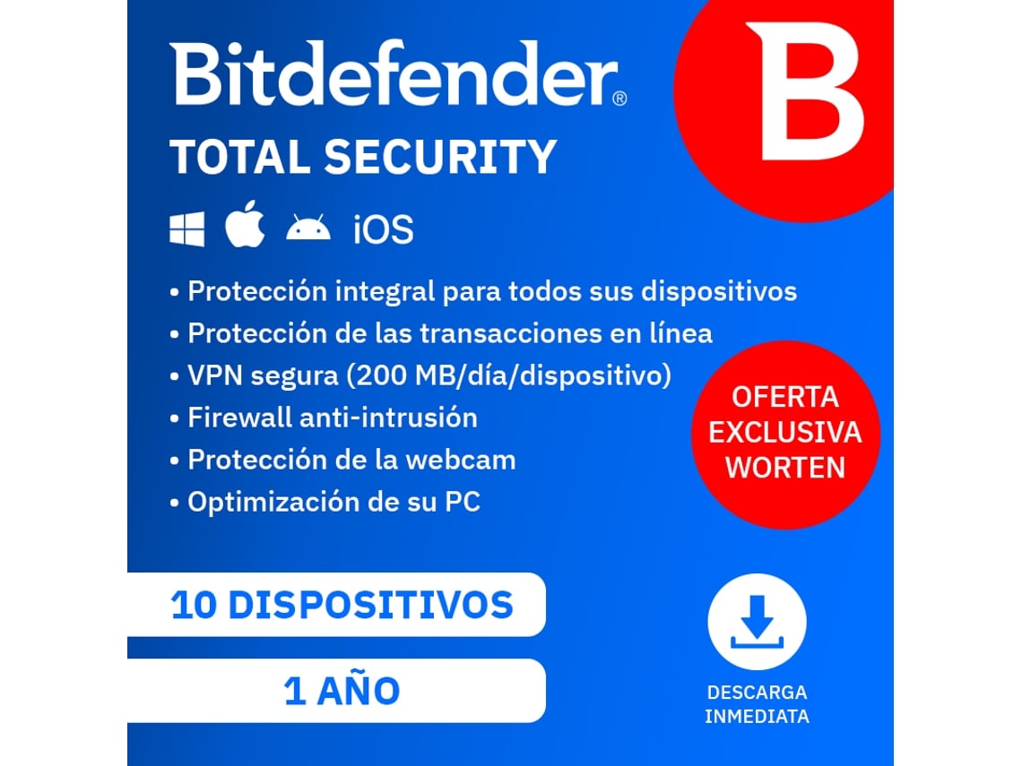 BITDEFENDER Total Security (10 Dispositivos - 1 Año - Smartphone/PC/Tablet - Formato Digital) 