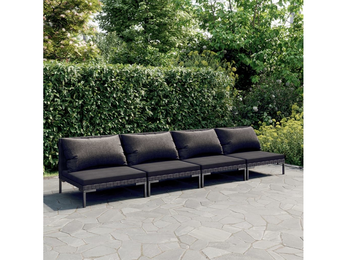 Conjunto 4 Peças Lounge Jardim C/ Almofadões Vime Pe Cinza Escuro Dkd Home Decor