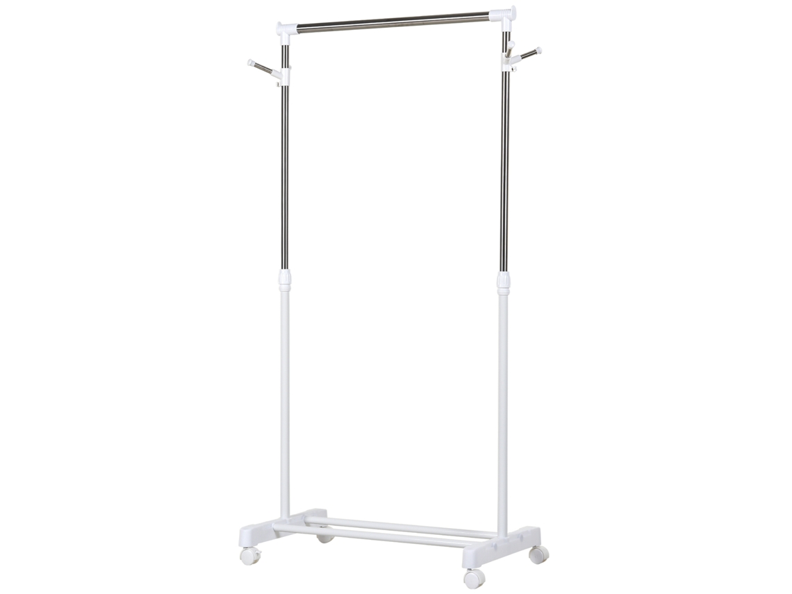 Perchero portátil ajustable con estante inferior, ruedas de tubo de acero, 68,5 x 42 x 87 pulgadas / 145 cm, blanco/plateado