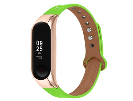 Correa de piel auténtica con doble remache de oro rosa para Xiaomi Mi Band 5/6 - verde fluorescente