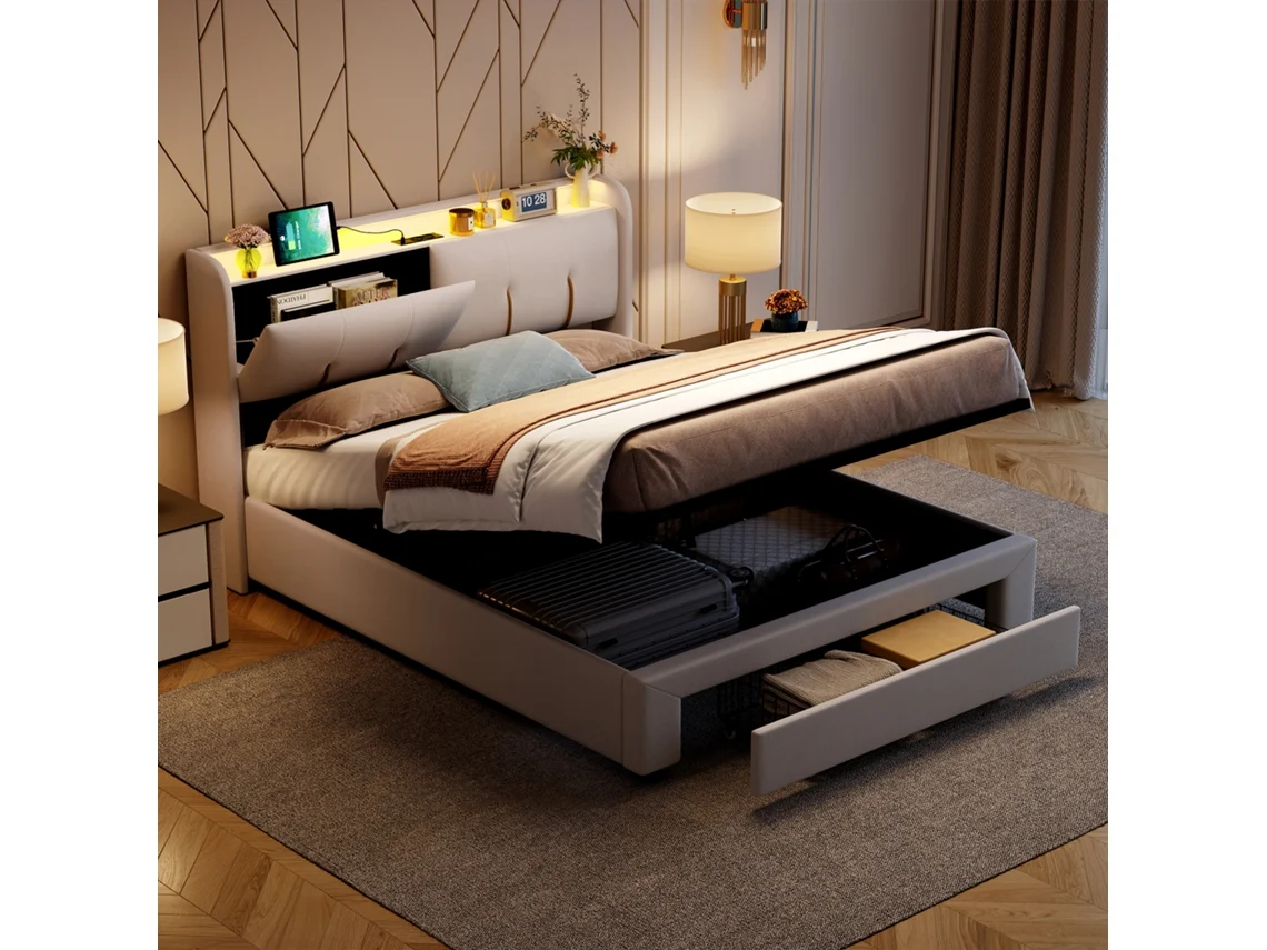 Cama de 140 x 200 cm, función de carga, cajones, cama juvenil, cama doble, espacio de almacenamiento, LED, terciopelo, beige (USB y tipo C)