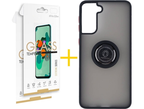 Carcasa y 2 Protectores de Pantalla de Vidrio Samsung S21 Plus SKYHE Gel Bumper Ring Negro