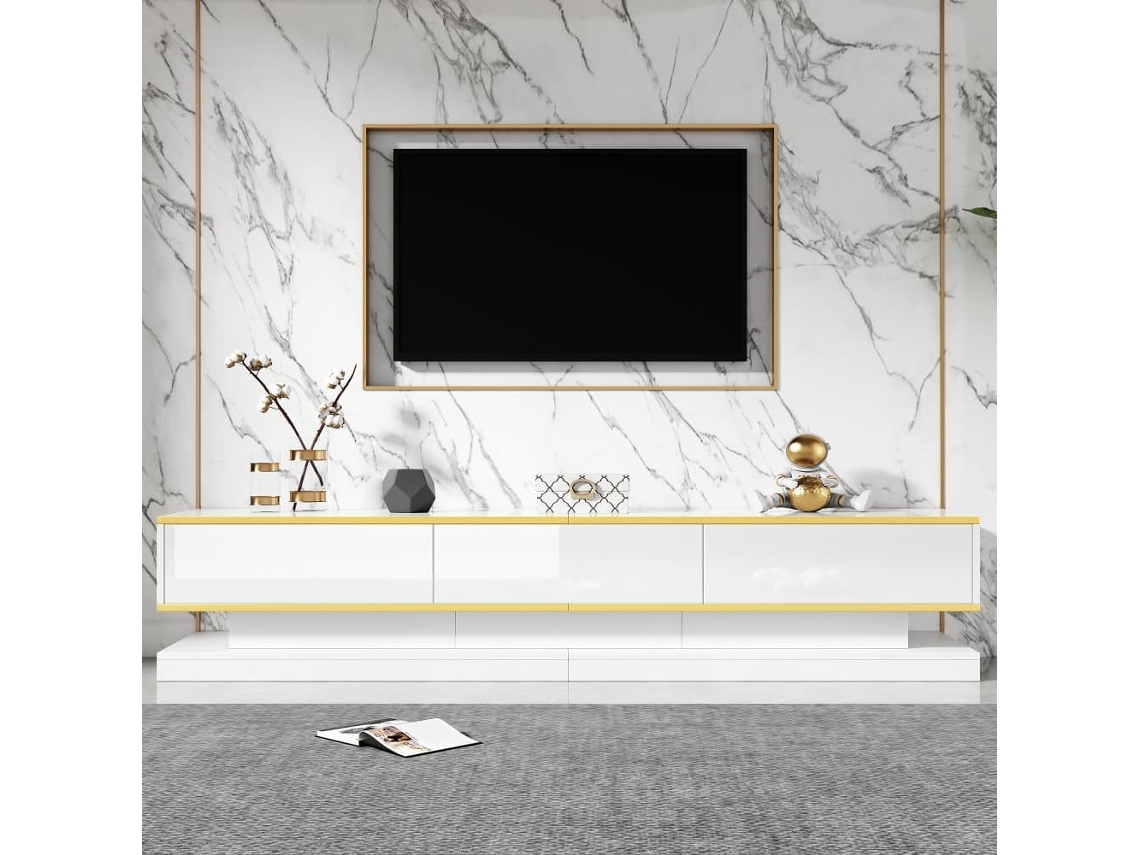 Mueble Tv 200x40x40 Cm - Lowboard Con 3 Cajones - Blanco Cálido Con Borde Dorado