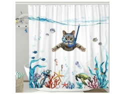 Juego de cortinas de baño azules con diseño de océano y animales. JEIIBRZUI