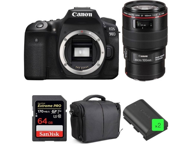 Kit Cámara Réflex CANON EOS 90D + EF 100mm f/2.8L Macro IS USM + SanDisk 64GB + 2 LP-E6N + Bolsa