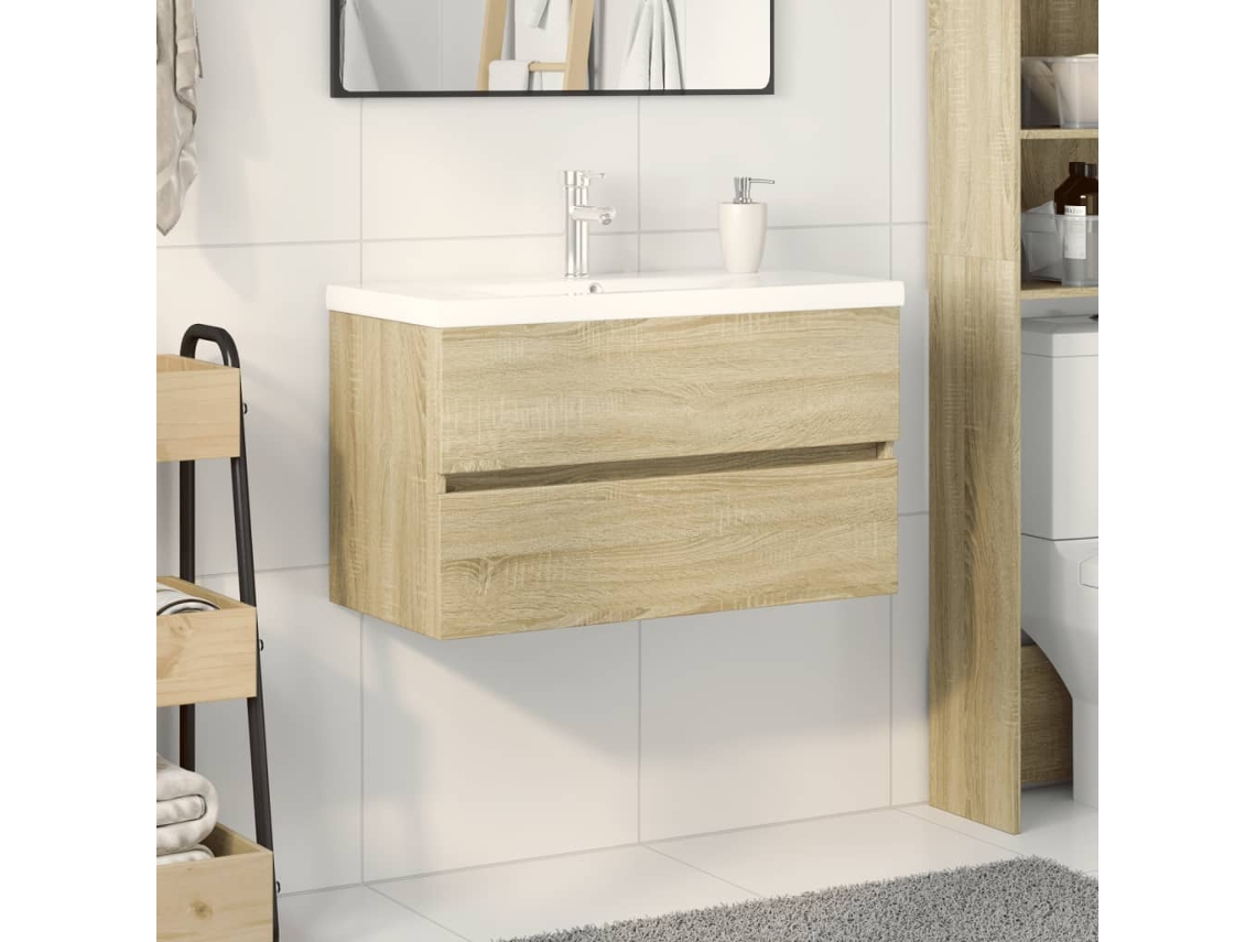 Set De Mueble De Baño 2 Uds Cerámica Y Madera De Ingeniería