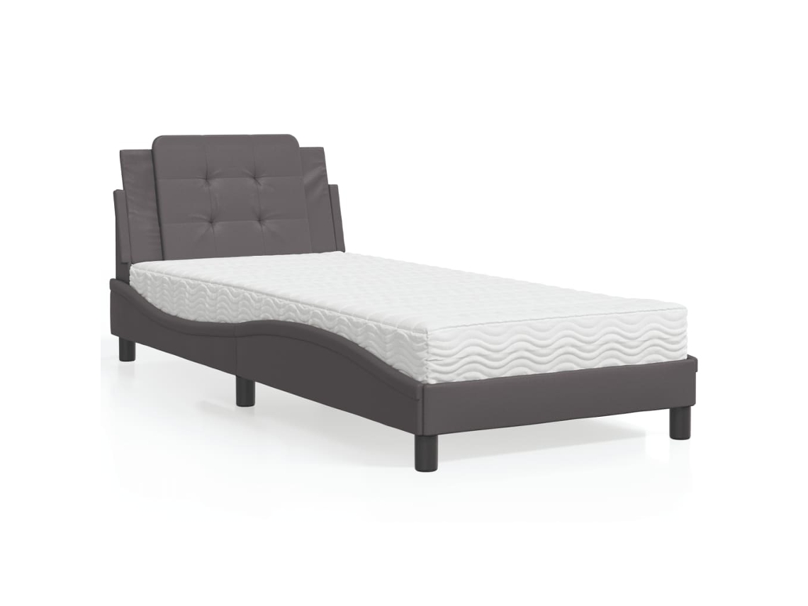 Cama Con Colchón Cuero Sintético Gris 90x200 Cm