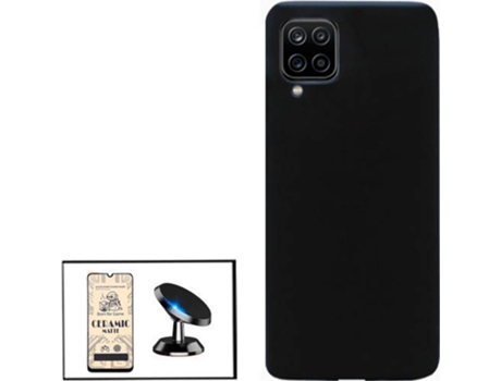 Kit Cristal Templado CeramicGlass Full Cover, Funda Silicona y Soporte Magnético de Coche Samsung Galaxy A12 Nacho PHONECARE Negro
