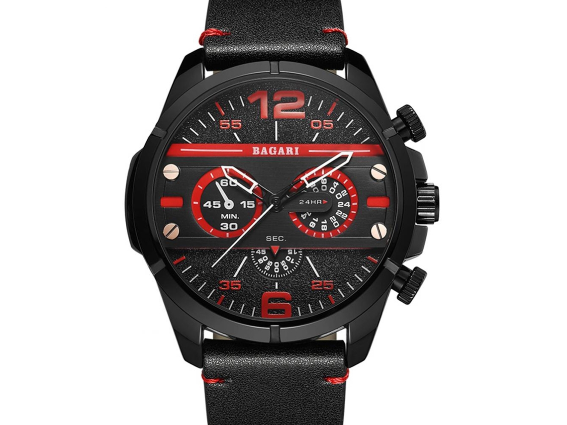 Reloj Deportivo Hombre Con Correa De Cuero Pu Bagari Quartz (negro Rojo)