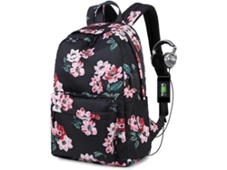 2026-mochila Escolar Retro De Flores Para Mujer Con Puerto De Carga Usb Resistente Al Agua Color Negro